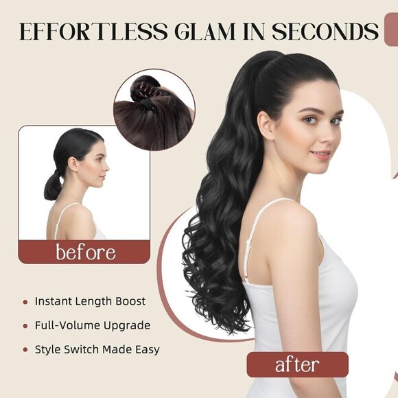 Ponytail Extension Synthetic Black Curly Wavy 24 Inch Clip-In Hairpiece Women main image 8